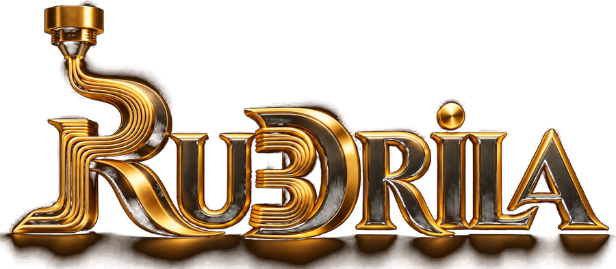 RUDRILA original gold three-dimensional wordmark with transparent background