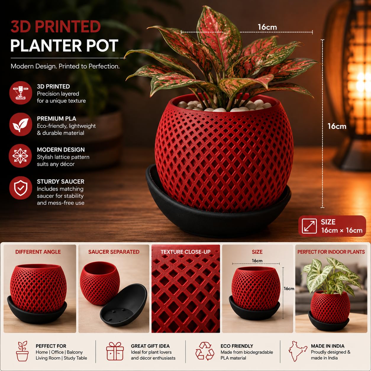 RUDRILA 3D Printed Geometric Planter Pot Red - image 3