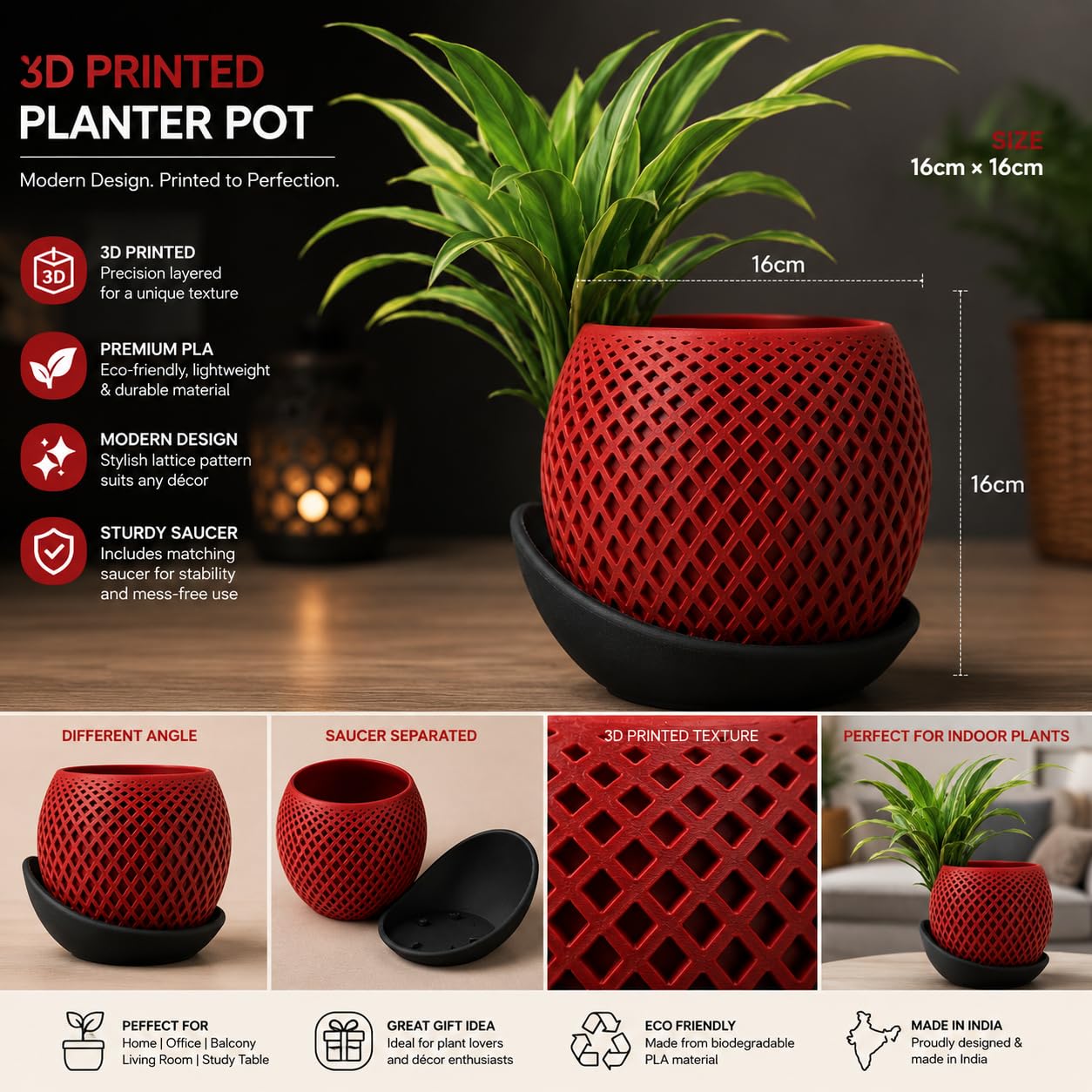 RUDRILA 3D Printed Geometric Planter Pot Red - image 4